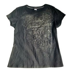 Harley Davidson Women's large black silver snake print graphic shirt Laconia
